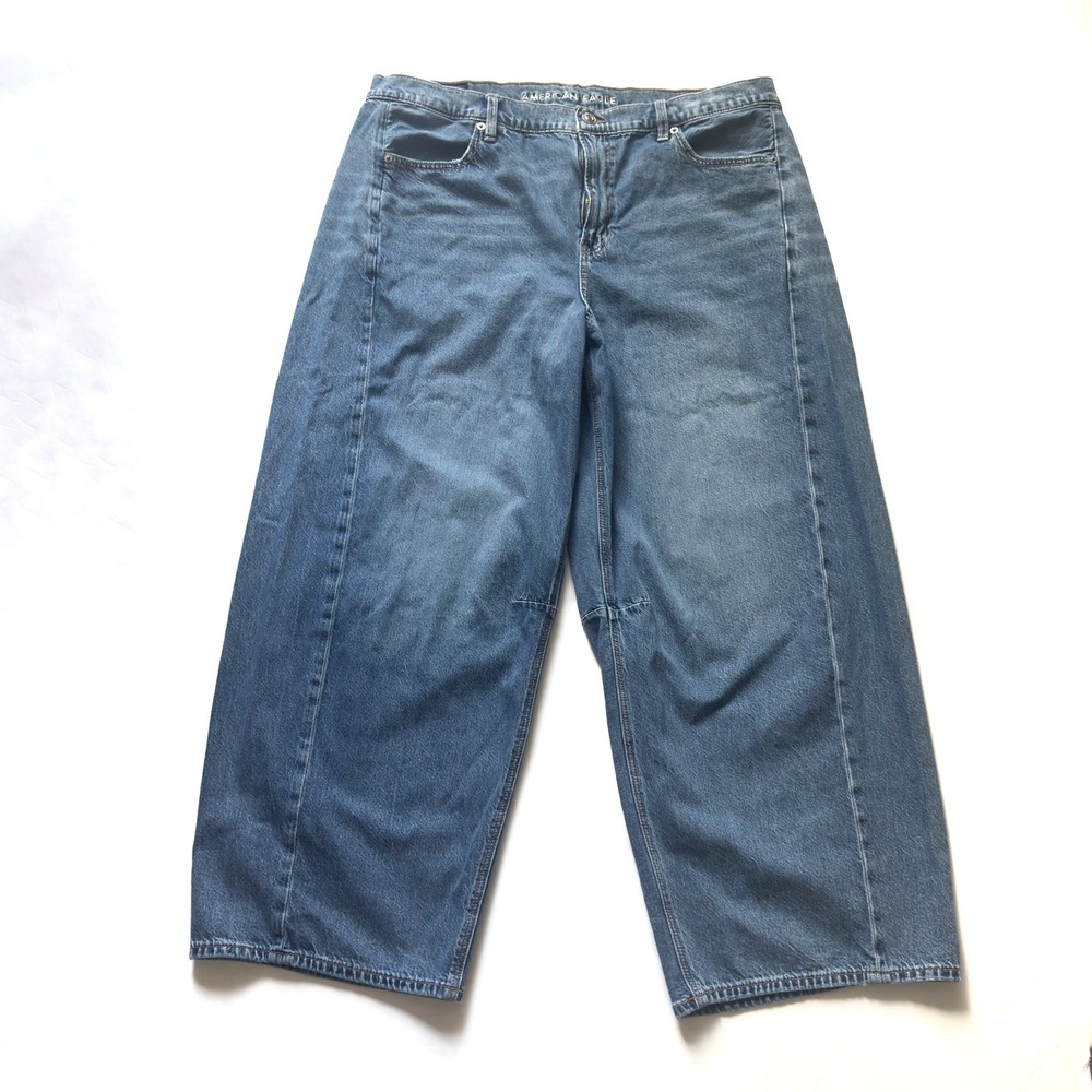 American Eagle Dreamy Drape Barrel Jeans Women 16 Light Wash Wide Leg Stretch
